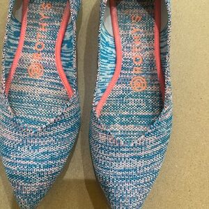 Rothy's Teal and Coral Pointed Knit Slip-Ons